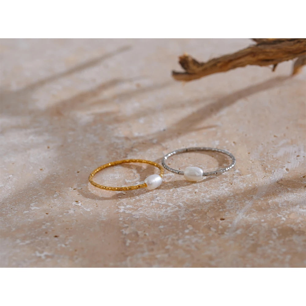 Anello Sottile con Perla Naturale – Acciaio Inossidabile Oro & Argento