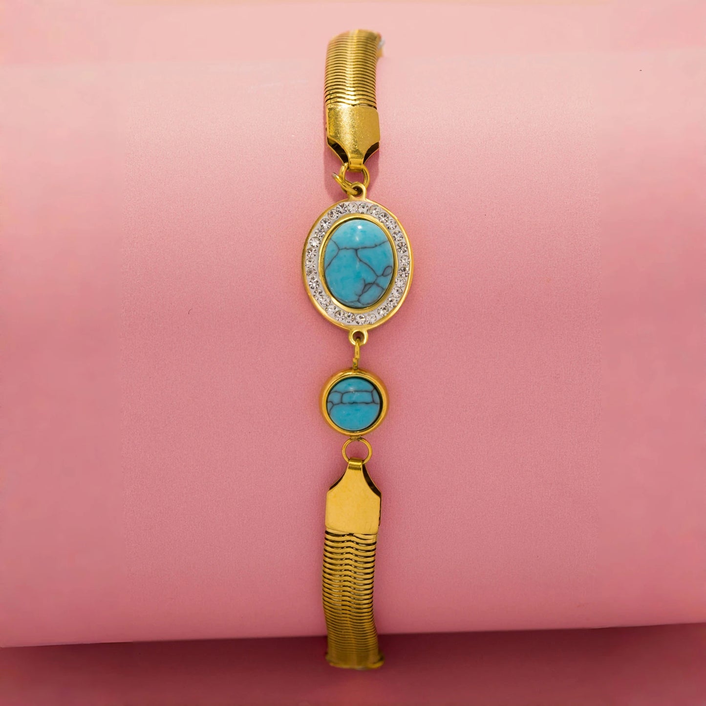 Bracciale Rigido con Zirconi Turchesi – Acciaio Inossidabile con Catena a Serpente Larga,