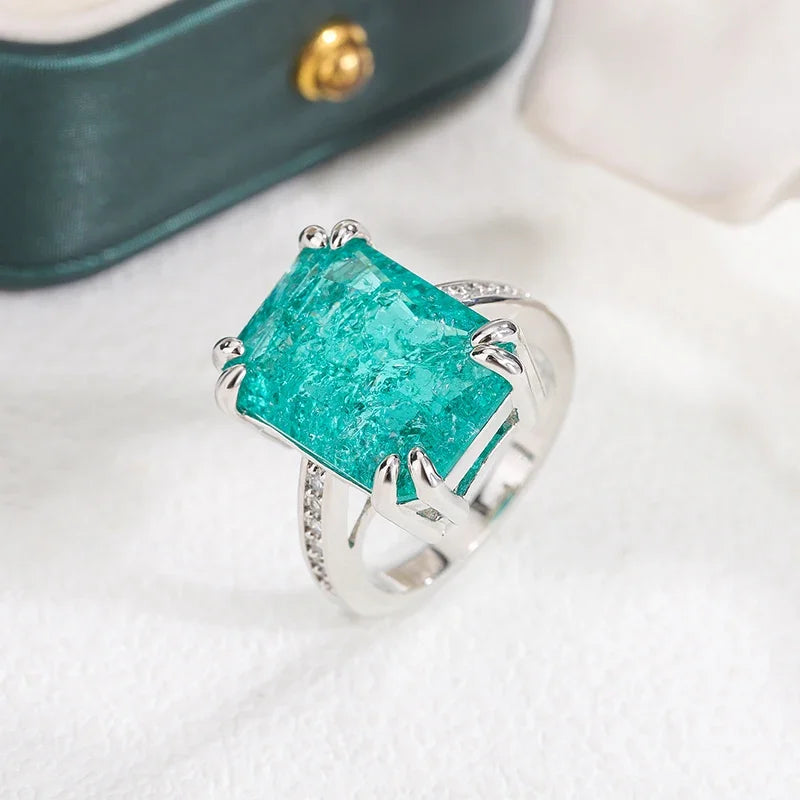 Anello con Moissanite Verde Blu Rettangolare