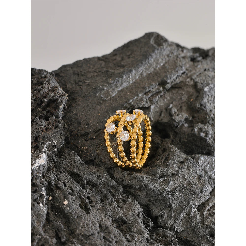 Anello Multistrato Dorato con Zirconi – Acciaio Inossidabile Placcato 18K