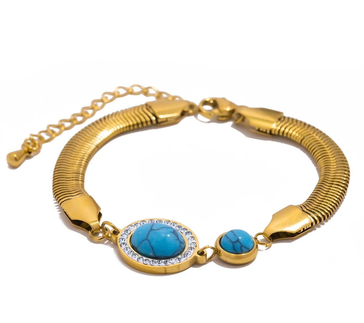Bracciale Rigido con Zirconi Turchesi – Acciaio Inossidabile con Catena a Serpente Larga,