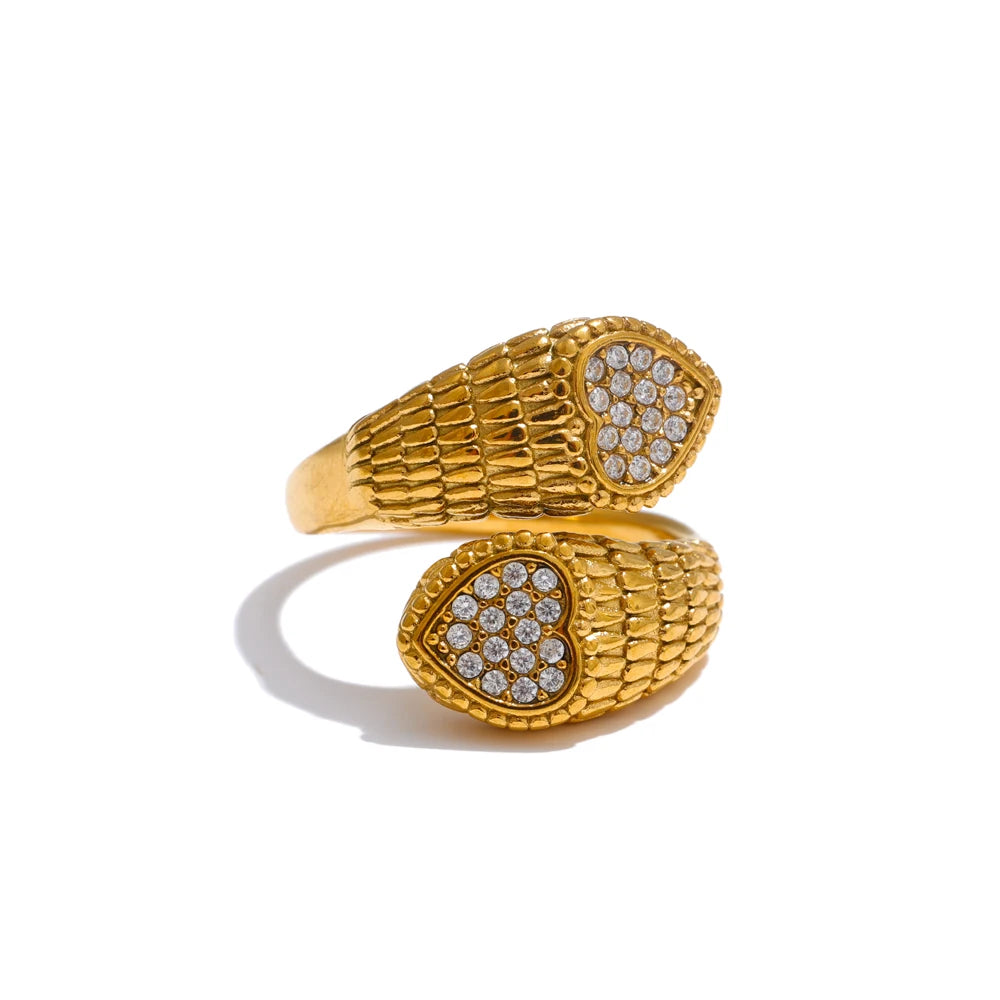 Anello Regolabile con Zirconi – Design Cuore e Serpente in Acciaio Inossidabile Oro o Platino