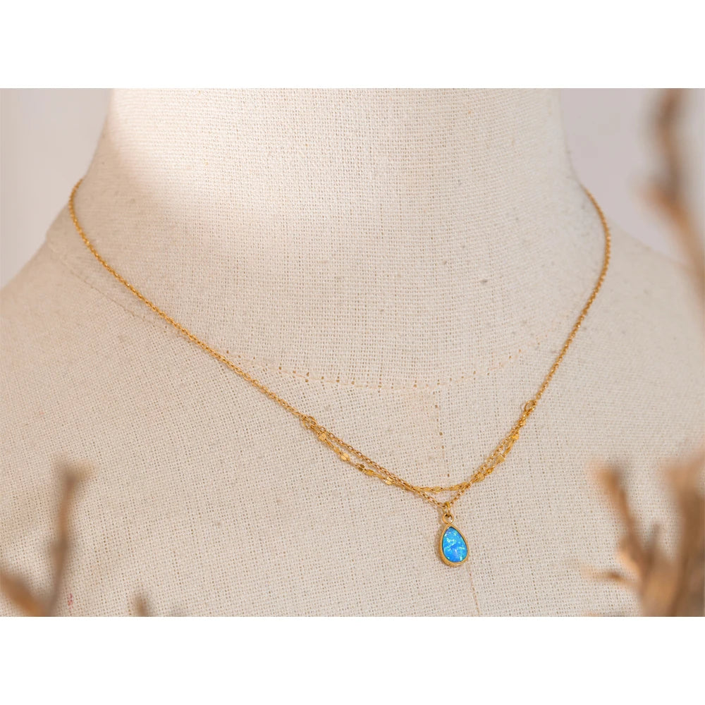 Collana a doppio strato con ciondolo a goccia Opale Blu – Acciaio Inossidabile Oro