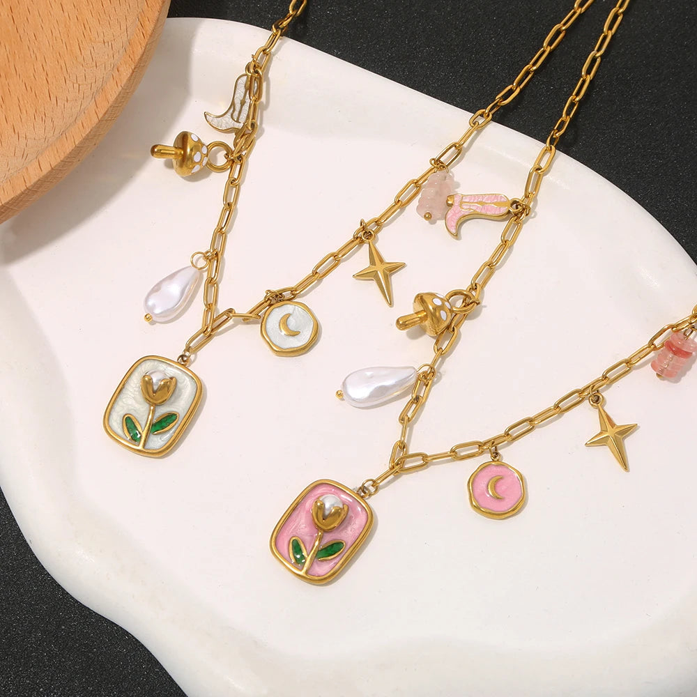 Collana Tulipano Smaltato – 2 varianti rosa o bianco – Acciaio dorato impermeabile