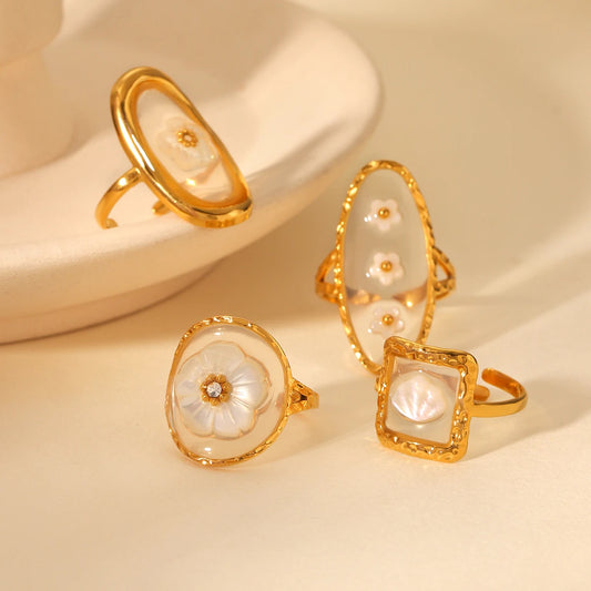 Anello aperto con fiore di conchiglia – Acciaio inossidabile placcato oro 18K