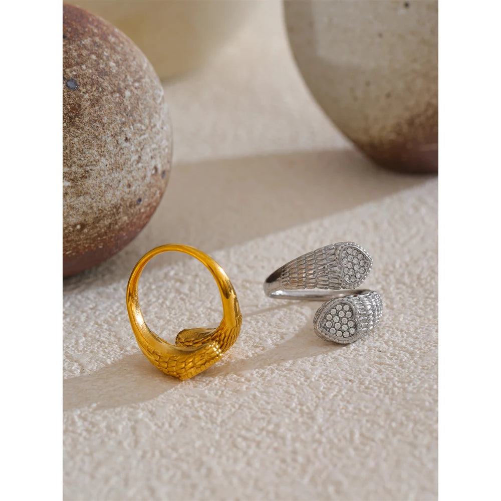 Anello Regolabile con Zirconi – Design Cuore e Serpente in Acciaio Inossidabile Oro o Platino