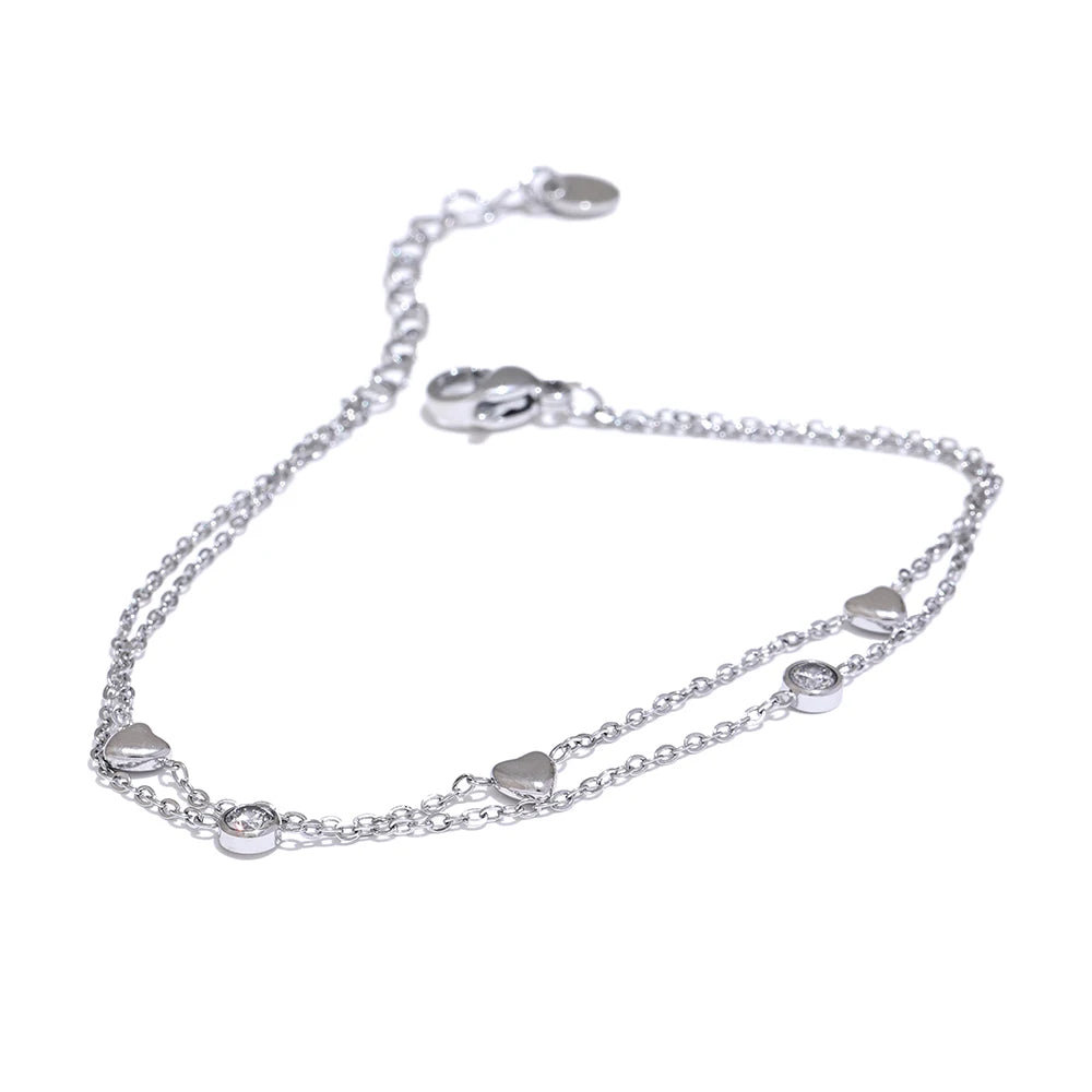 Bracciale Doppio Strato con Cuori e Zirconi – Acciaio Inossidabile Oro o Argento
