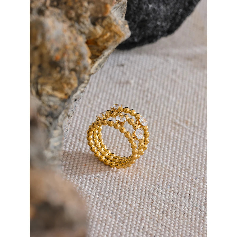 Anello Multistrato Dorato con Zirconi – Acciaio Inossidabile Placcato 18K