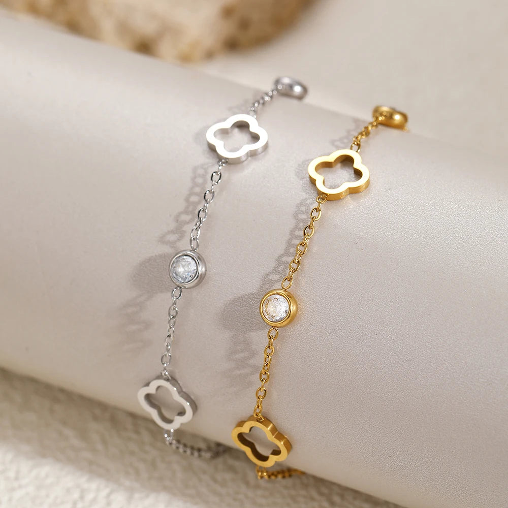 Bracciale “Quadrifoglio di Cristallo” – Acciaio inossidabile con zirconi scintillanti
