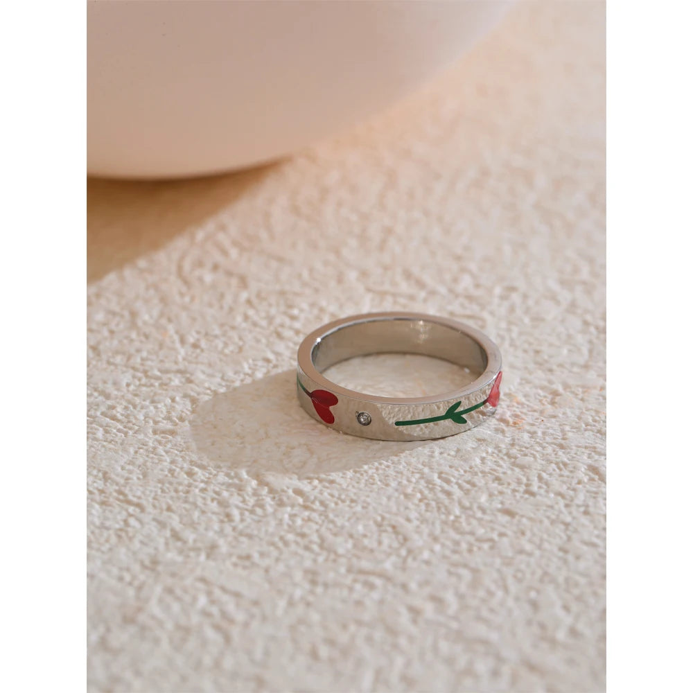 Anello in Acciaio Inossidabile con Fiore Smaltato e Zircone