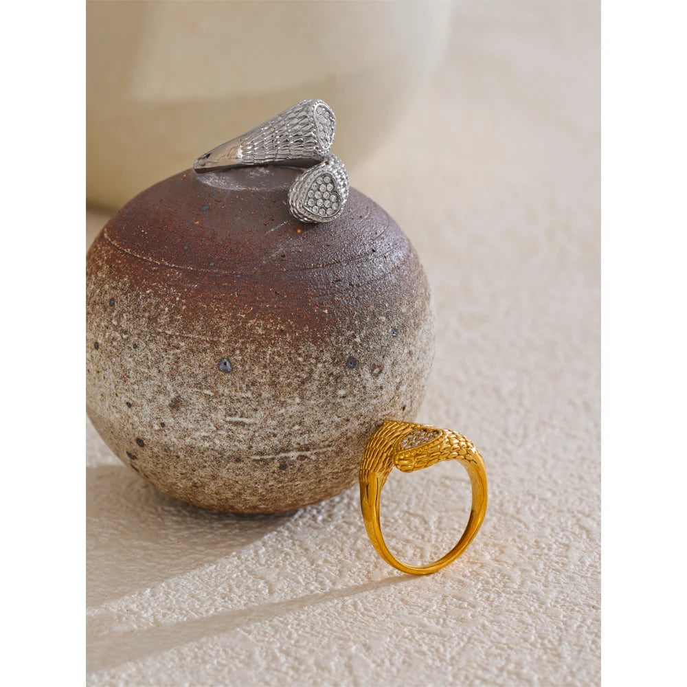 Anello Regolabile con Zirconi – Design Cuore e Serpente in Acciaio Inossidabile Oro o Platino