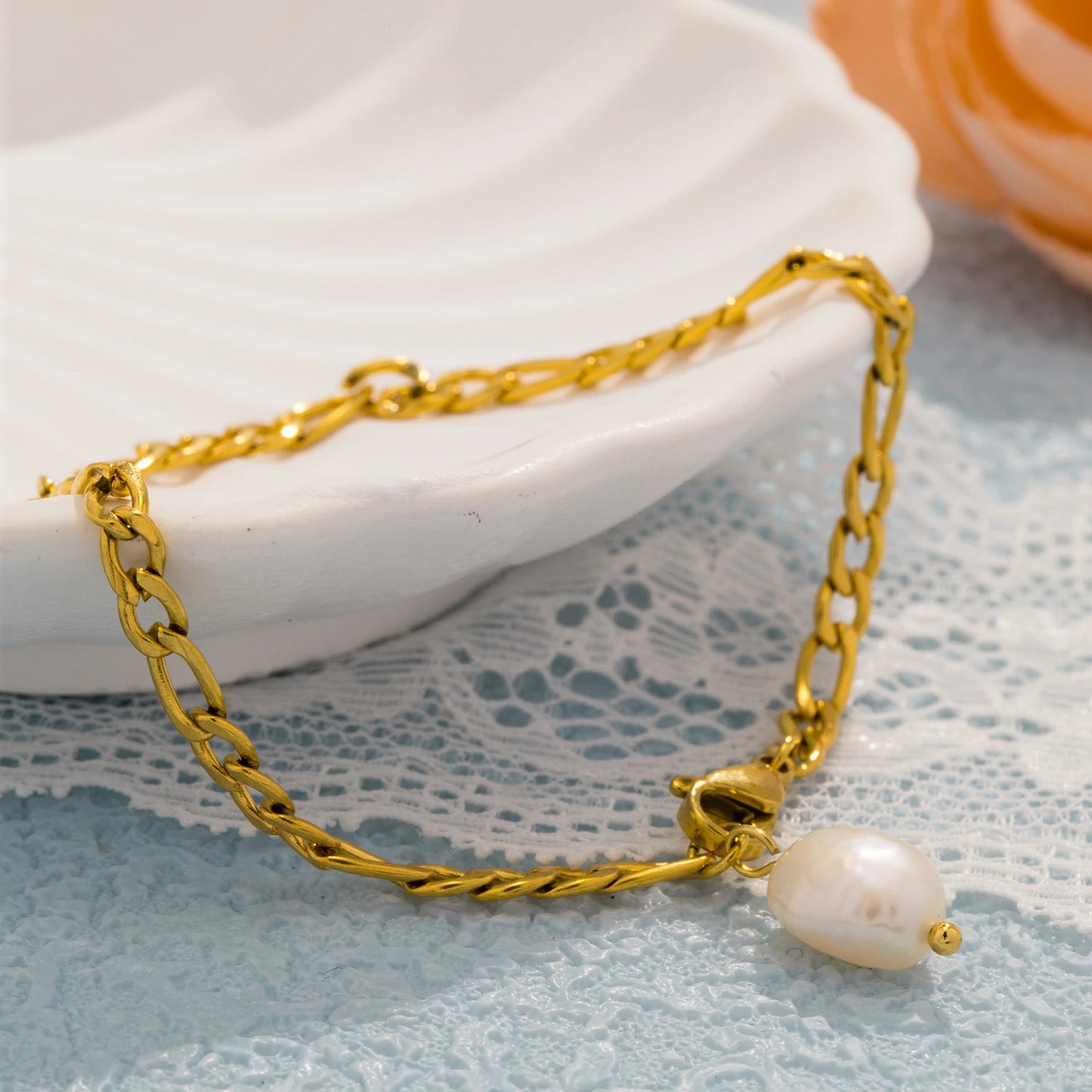 Bracciale con Ciondolo di Perla Naturale – Acciaio Inossidabile Impermeabile, Colori Oro o Argento