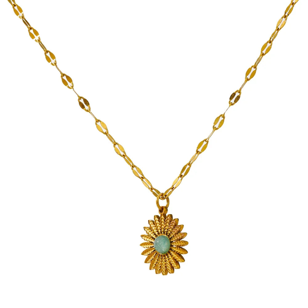 Collana con Pendente Fiore Dorato e Pietra Verde – Acciaio Inossidabile