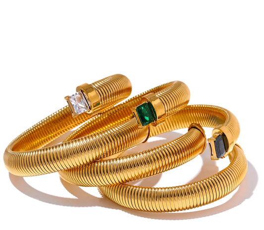Bracciale Rigido Dorato con Zirconi – Acciaio Inossidabile con Cristalli Bianchi, Verdi o Neri