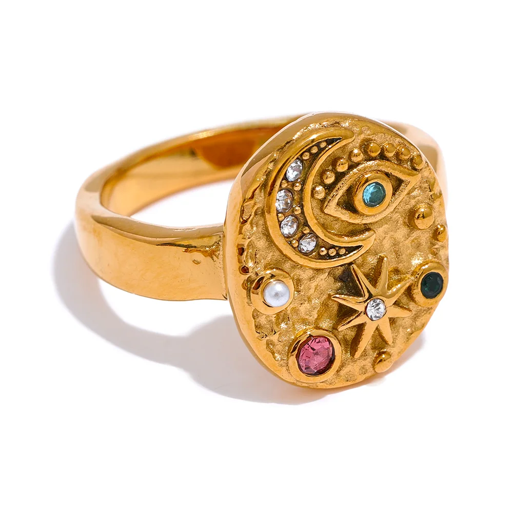 Anello con charm Stella, Luna e Occhio – Zirconi colorati in acciaio inox