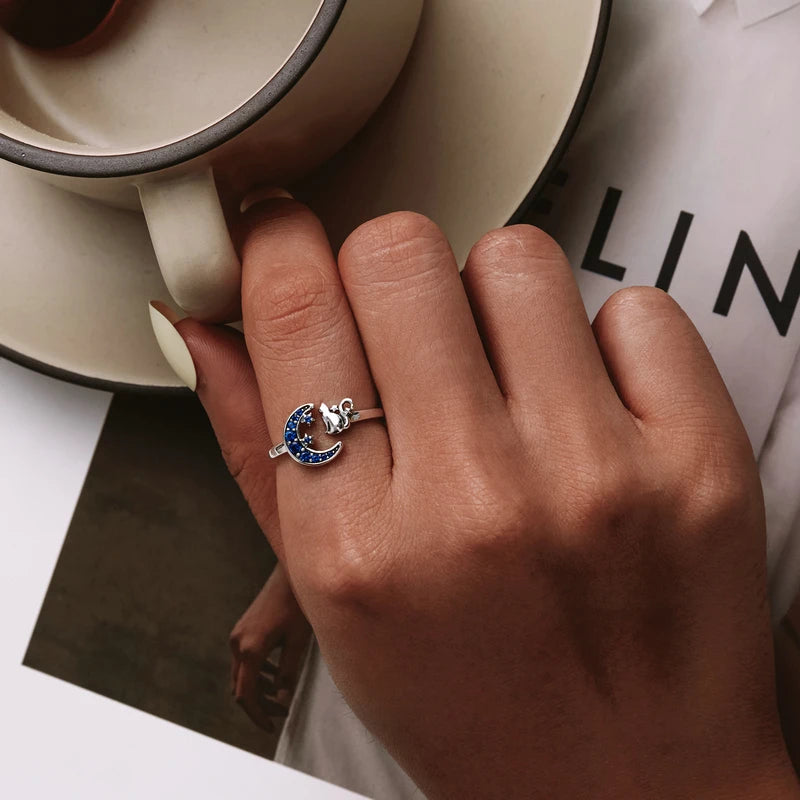 Anello Luna e Gatto con Zirconi Blu