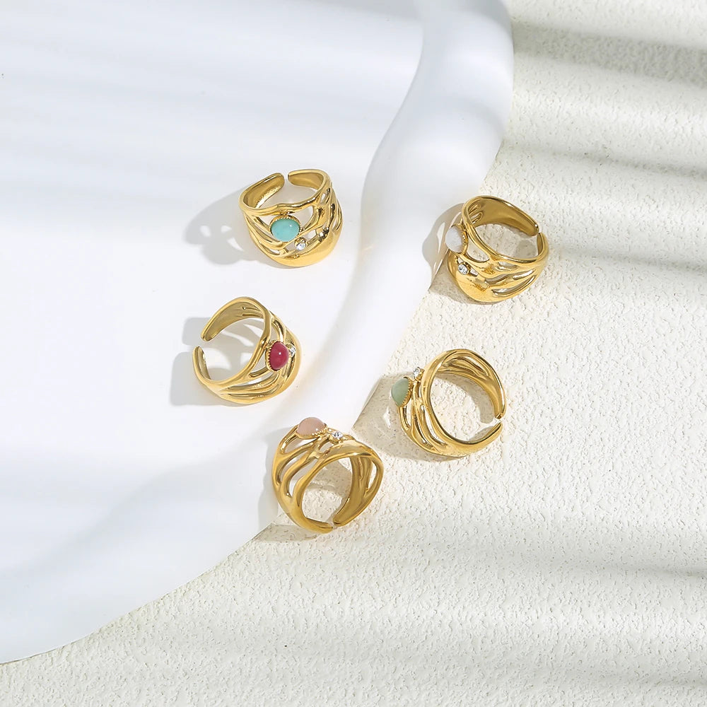 Anello Regolabile con Pietra Naturale – Acciaio Inossidabile Oro