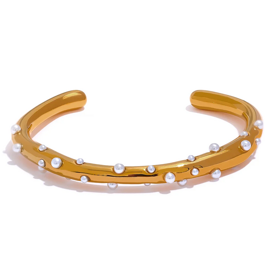 Bracciale Rigido Aperto con Perle – Acciaio Inossidabile Oro