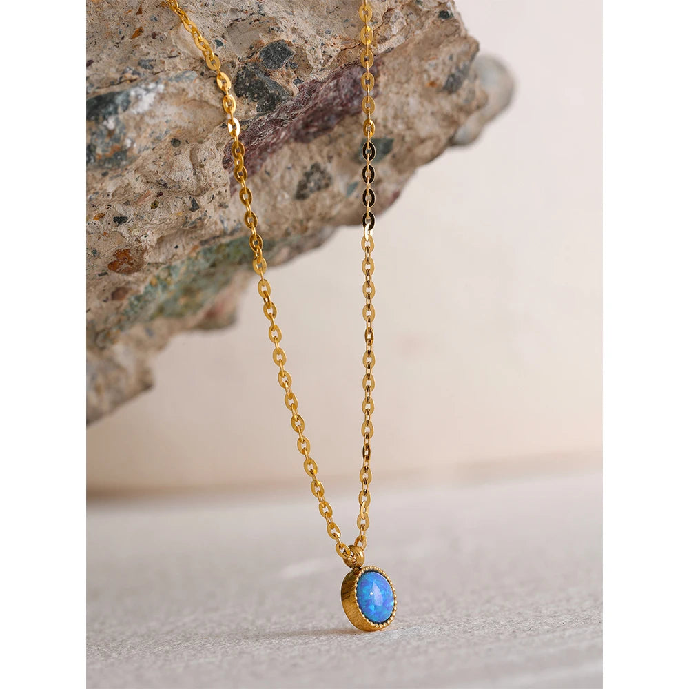 Collana con Pendente in Opale Blu – Acciaio Inossidabile Oro