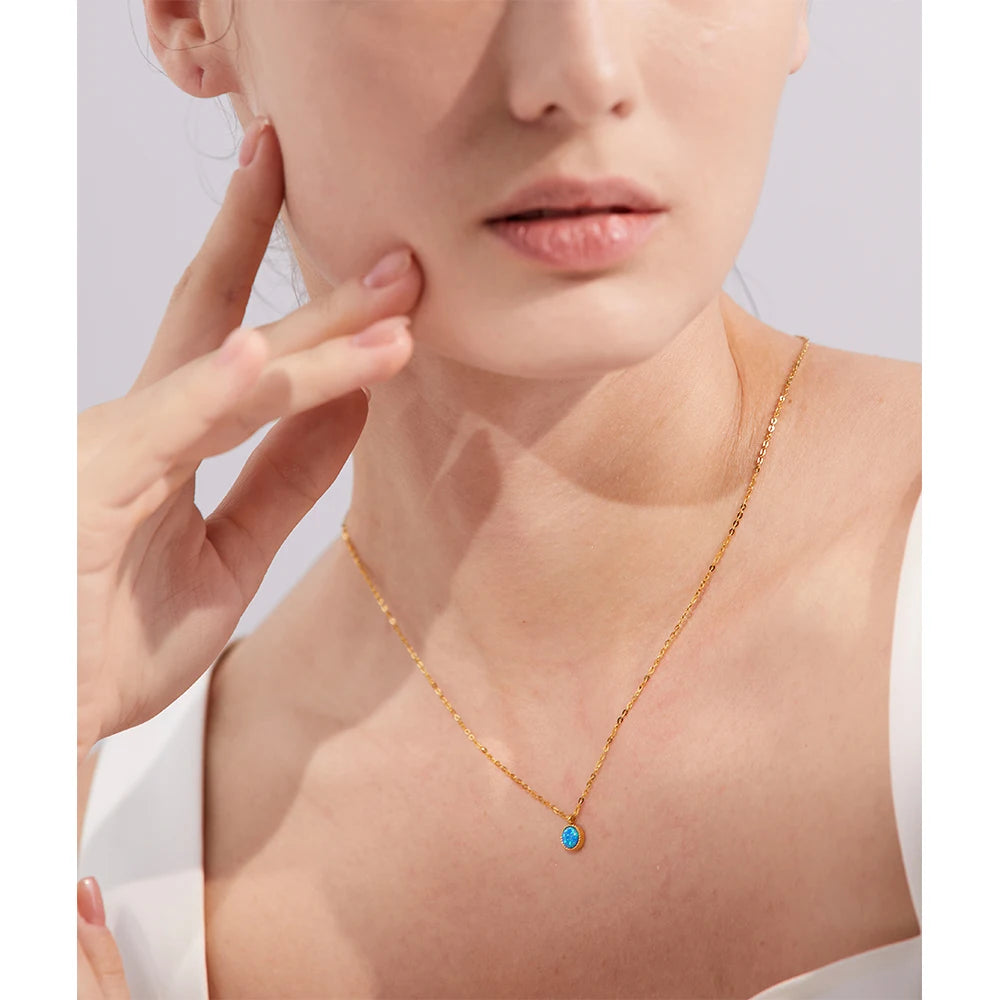 Collana con Pendente in Opale Blu – Acciaio Inossidabile Oro