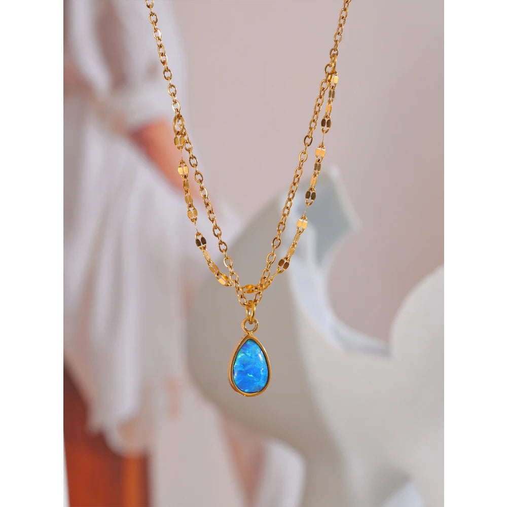 Collana a doppio strato con ciondolo a goccia Opale Blu – Acciaio Inossidabile Oro