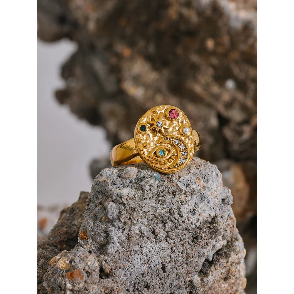Anello con charm Stella, Luna e Occhio – Zirconi colorati in acciaio inox