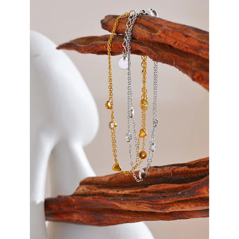 Bracciale Doppio Strato con Cuori e Zirconi – Acciaio Inossidabile Oro o Argento