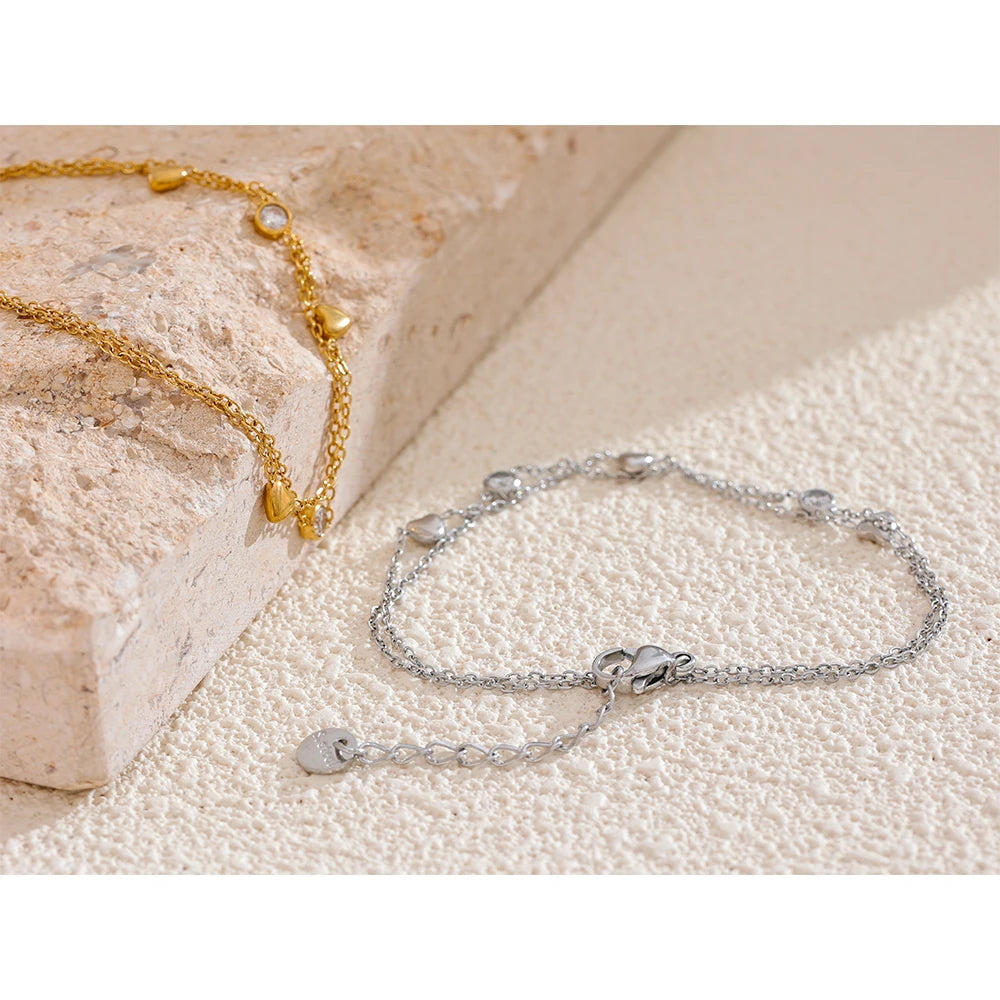 Bracciale Doppio Strato con Cuori e Zirconi – Acciaio Inossidabile Oro o Argento