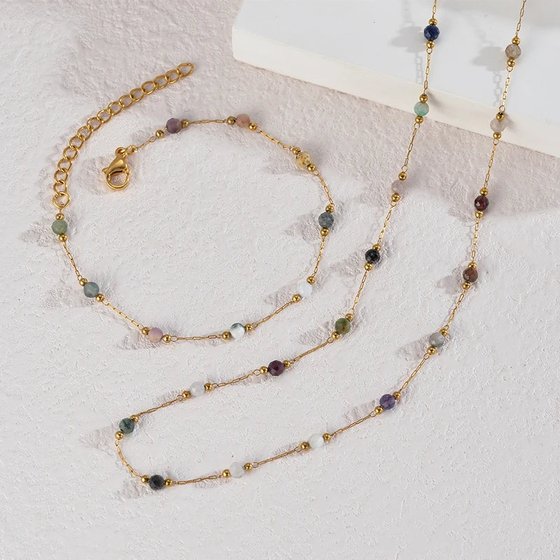 Set Collana e Bracciale con Perline Colorate – Gioia Boho in Acciaio Dorato