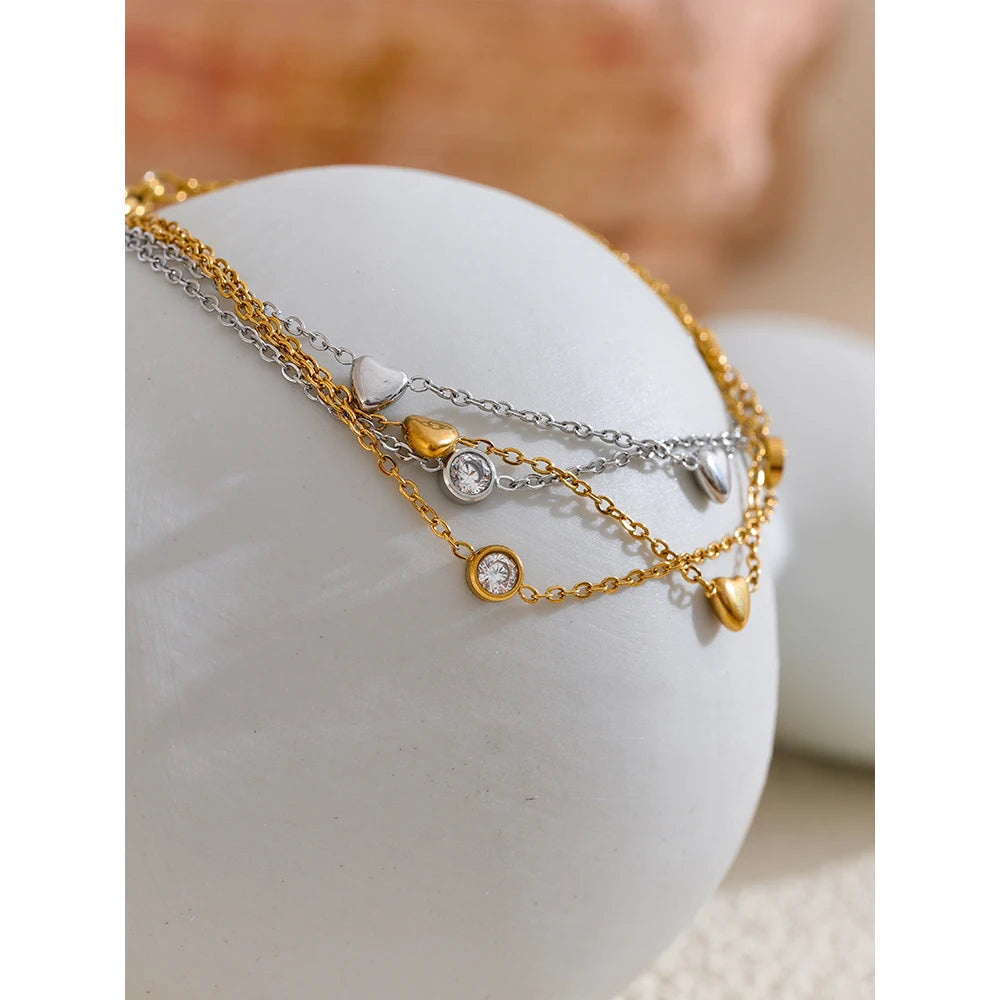 Bracciale Doppio Strato con Cuori e Zirconi – Acciaio Inossidabile Oro o Argento