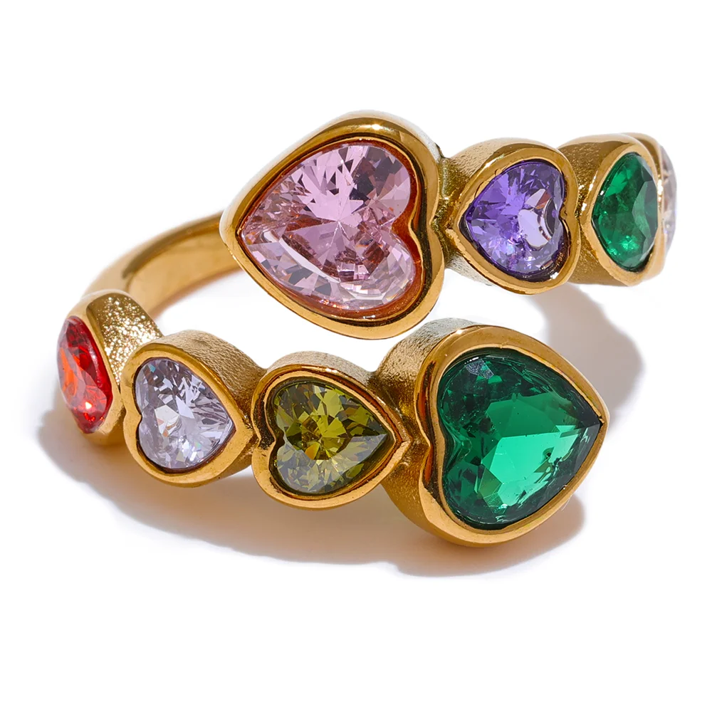 Anello Regolabile Cuori in Zirconia – Acciaio Inossidabile Oro
